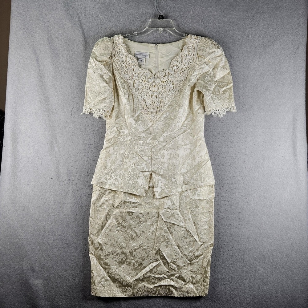 Vintage Scott McClintock Dress Womens 12 Ivory Metallic Lace Prom Cocktail 80s